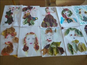 Zdjęcie przedstawia prace plastyczne uczniów, które ukazują Panią Jesień